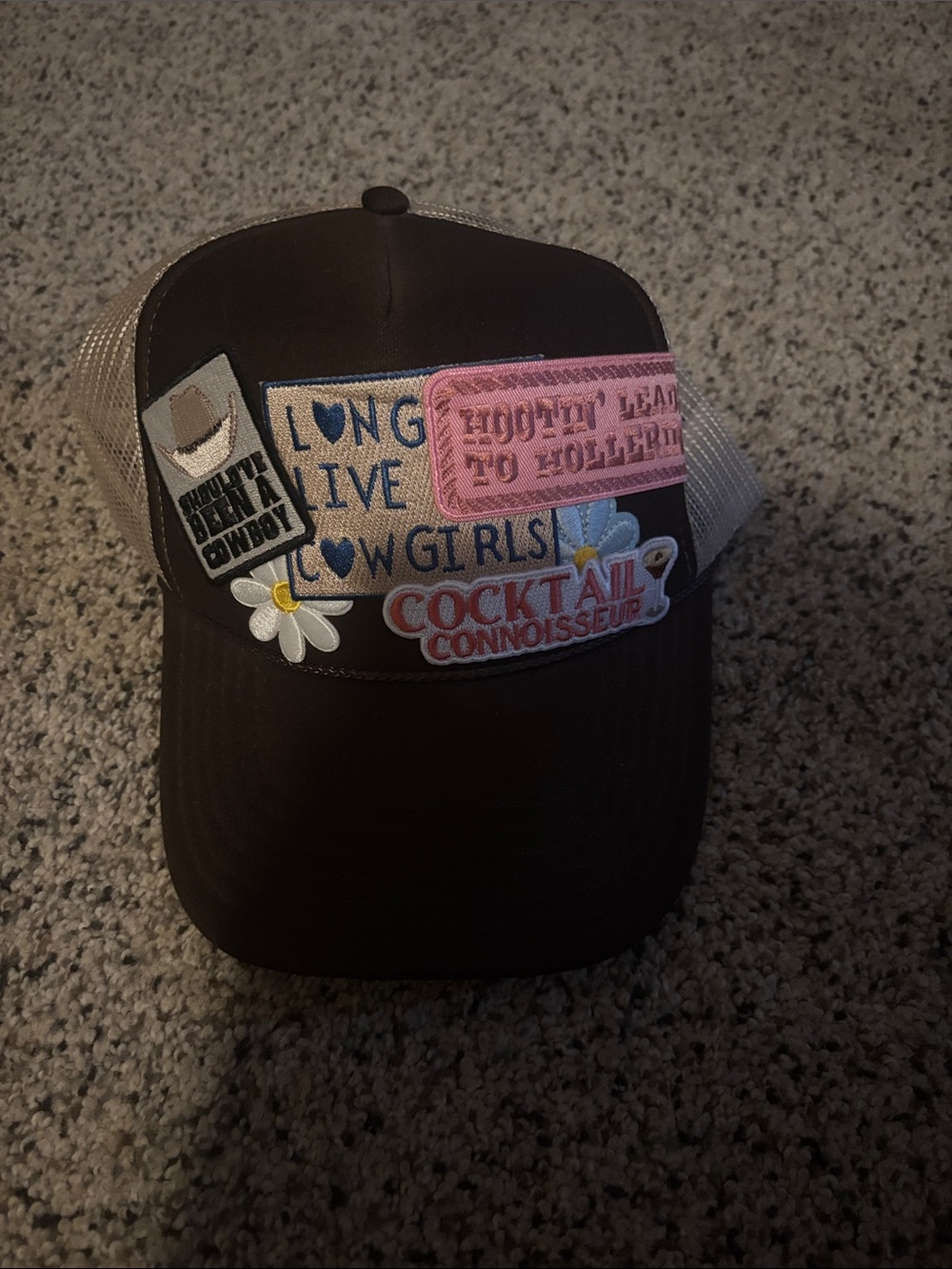 Brown Trucker Patch Hat with Floral & Patch Details